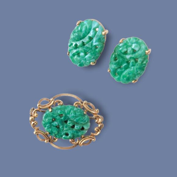 VTG Van Dell Brooch & Earrings GF Gold Filled Faux Jade Green Peking Glass - Picture 1 of 7